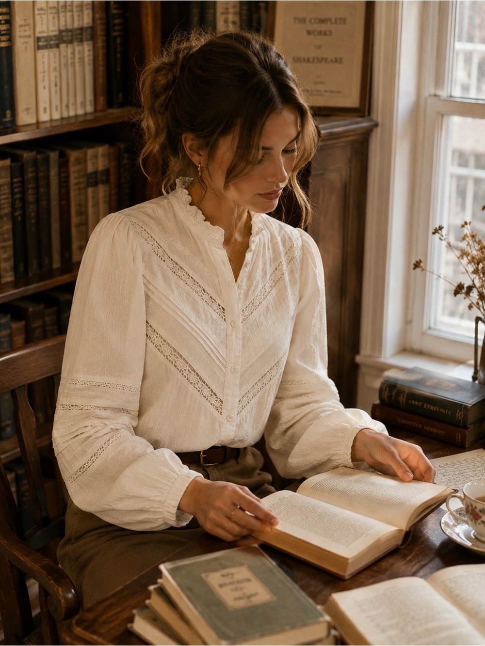 ZARA Lace-Trim Blouse | Feminine Romantic Victorian Cottagecore Modest Prairie S
